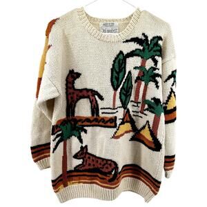 Vintage Gil Aimbez Printed Pullover Sweater Pyramid Oversized Knit Cream Large